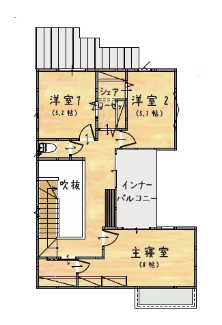 HOUSECODE(ハウスコード） 【1000万円台/約30坪】約30坪を1000万円台で広々とした間取り　吹き抜けから注ぐ光にこだわった実例の間取り図（4LDK）2階