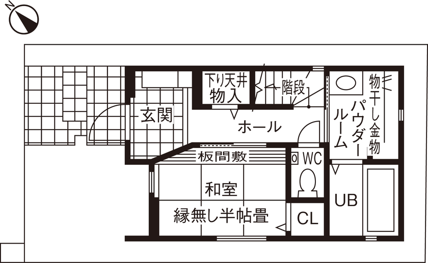 HOUSECODE(ハウスコード） 【堺市/1000万円台/20坪/狭小/間取り】太陽光が降り注ぐ吹抜け３階建てのお家の間取り図（3LDK）1階
