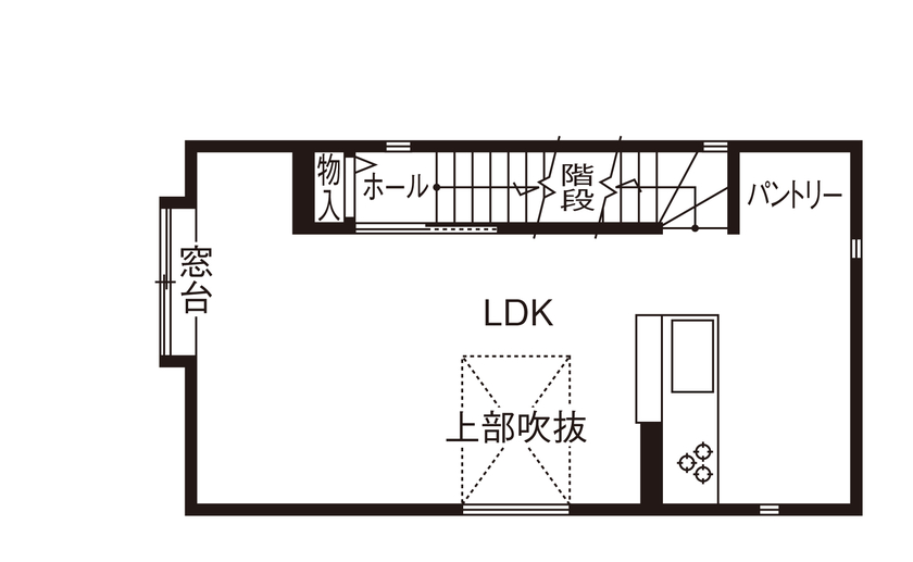 HOUSECODE(ハウスコード） 【堺市/1000万円台/20坪/狭小/間取り】太陽光が降り注ぐ吹抜け３階建てのお家の間取り図（3LDK）2階