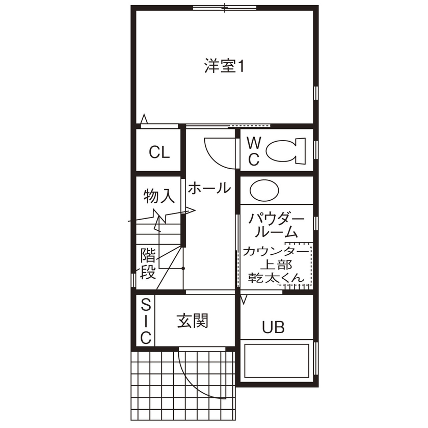 HOUSECODE(ハウスコード） 【大阪市/1000万円台/狭小/３階建て】１０坪の敷地に叶えた遊び心のある家の間取り図（2LDK+収納スペース）1階