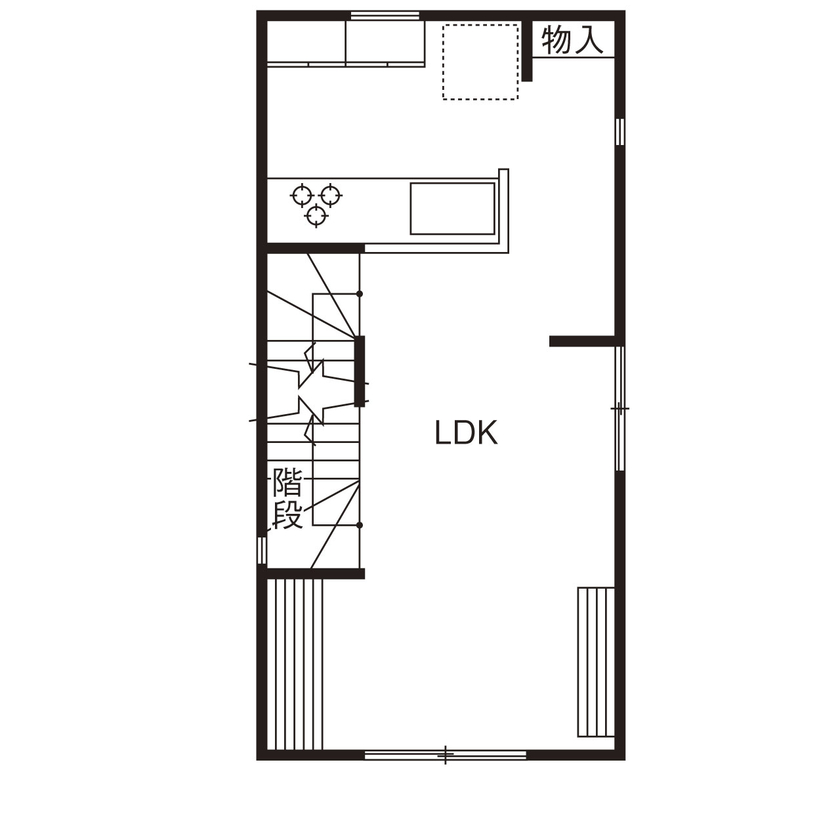 HOUSECODE(ハウスコード） 【大阪市/1000万円台/狭小/３階建て】１０坪の敷地に叶えた遊び心のある家の間取り図（2LDK+収納スペース）2階