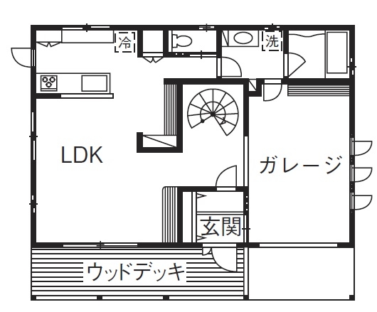 ホビースタイル　角屋工業 ガレージにバイク・スケートボード・プラモデルなど趣味を詰め込んだ　カバードポーチとらせん階段のある家の間取り図（3LDK）１階