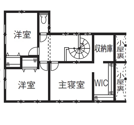 ホビースタイル　角屋工業 ガレージにバイク・スケートボード・プラモデルなど趣味を詰め込んだ　カバードポーチとらせん階段のある家の間取り図（3LDK）２階