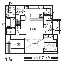 ホビースタイル　角屋工業 程よい距離感が創る快適な毎日　大型犬も安心な6畳のドッグスペースのある住まいの間取り図（4LDK）1階
