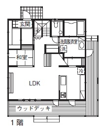 ホビースタイル　角屋工業 色やヴィンテージ加工で個性を演出　家の半周をカバードポーチが囲むカリフォルニアスタイルの家の間取り図（3LDK）１階