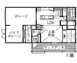 ホビースタイル　角屋工業 【2800万円】車やバイクを楽しむアメリカンガレージスタイルの間取り図（3LDK+ガレージ）1階