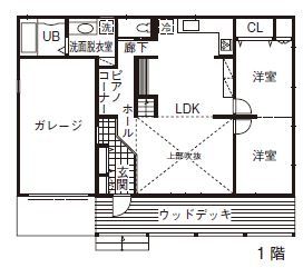 ホビースタイル　角屋工業 ペパーミントグリーンの可愛い外観にガレージ　L字型キッチンがあるアメリカンスタイルの間取り図（3LDK+ガレージ）1階