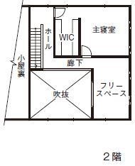 ホビースタイル　角屋工業 ペパーミントグリーンの可愛い外観にガレージ　L字型キッチンがあるアメリカンスタイルの間取り図（3LDK+ガレージ）2階