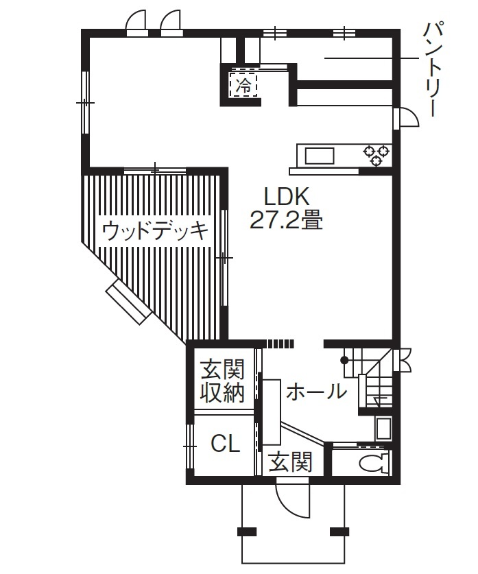 ホビースタイル　角屋工業 たくさんの夢と理想をカタチに  美しい景観を生かした可愛い家の間取り図（3LDK）1階
