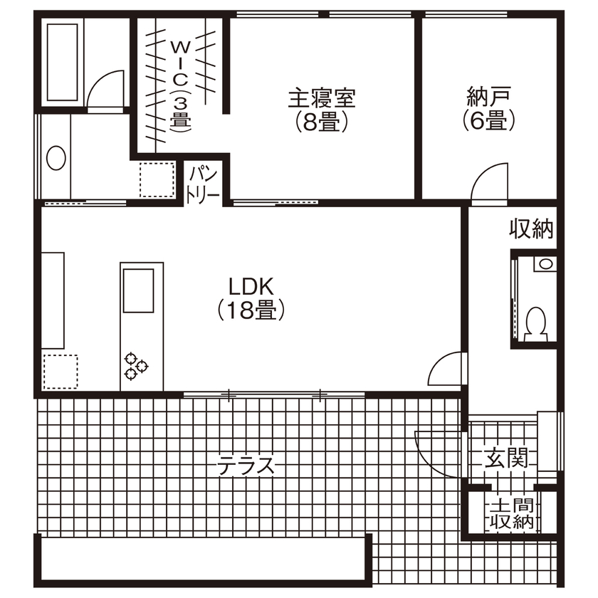 灯す家 【間取り図有｜約23坪｜平屋】外の視線をシャットアウトするプライベートテラスのある家の間取り図（1LDK＋納戸）1階