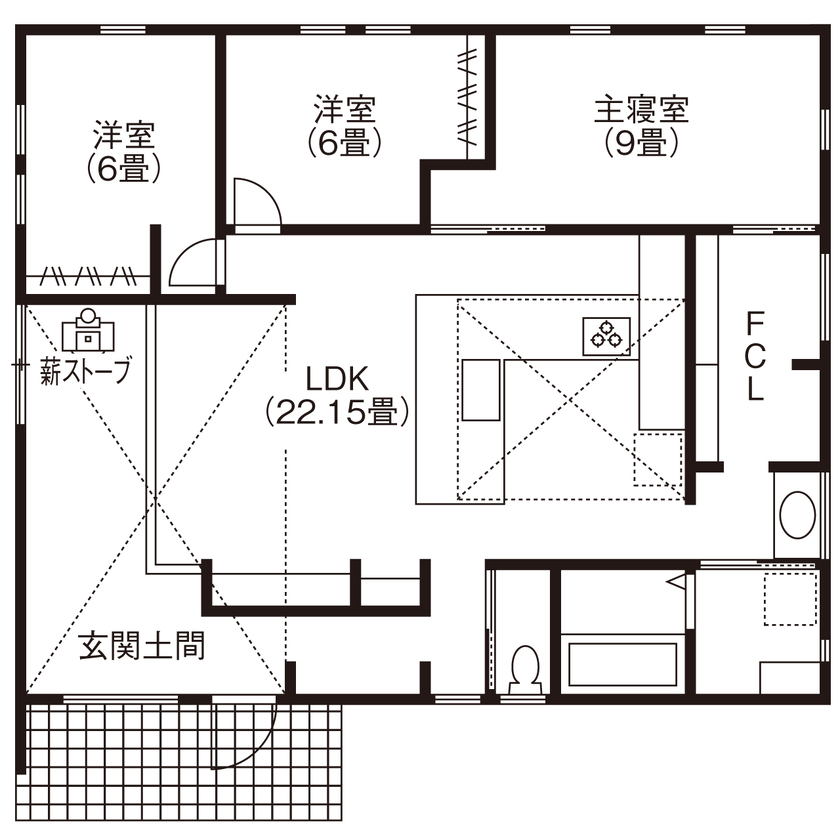 灯す家 【間取り図有｜30坪｜平屋】薪ストーブの土間で家族がくつろぐ、温かくてナチュラルな雰囲気の家の間取り図（3LDK）1階