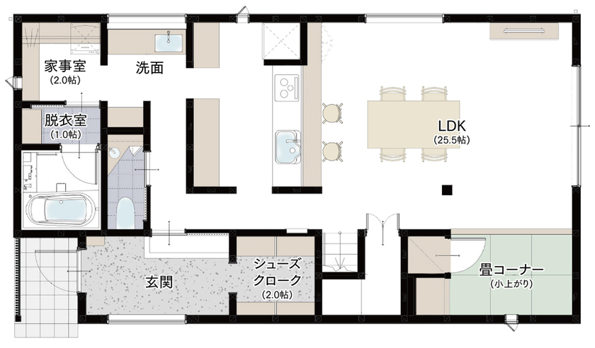 エコワークス 【ZEH住宅/34.8坪/2階建て/間取り図あり】旗竿地で叶えた快適空間。子育て世帯に嬉しいアイディが満載の家の間取り図（3LDK）1階