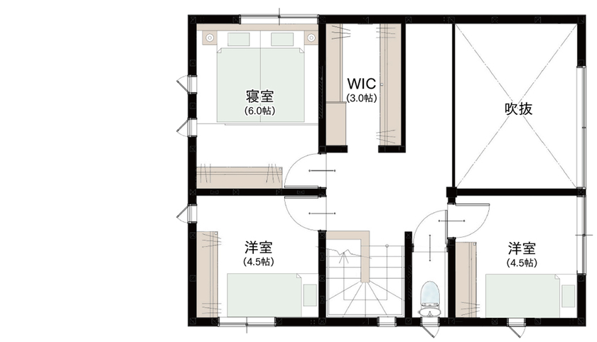 エコワークス 【ZEH住宅/34.8坪/2階建て/間取り図あり】旗竿地で叶えた快適空間。子育て世帯に嬉しいアイディが満載の家の間取り図（3LDK）2階
