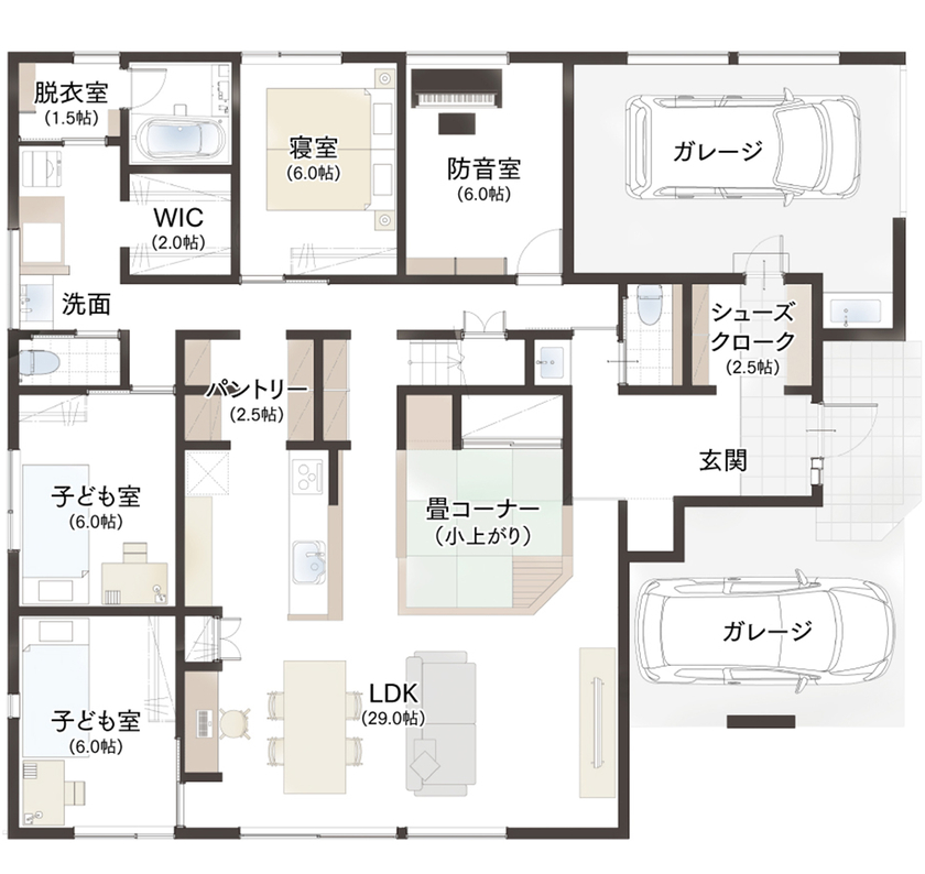 エコワークス 【ZEH住宅/47.7坪/平屋/間取り図あり】ストレスフリーな8の字動線。インナーガレージのある家の間取り図（4LDK+畳コーナー）1階