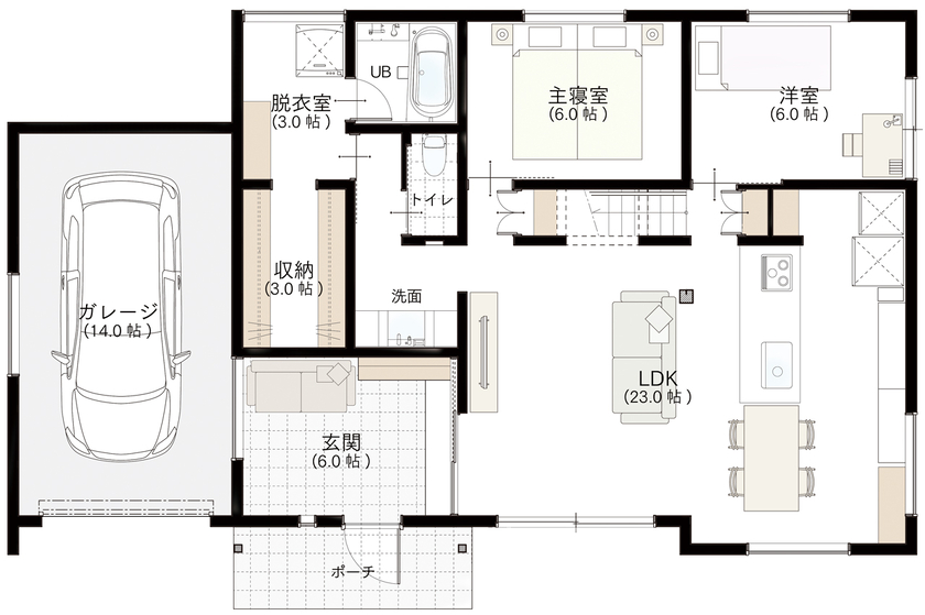 エコワークス 【ZEH住宅/27.6坪/平屋/間取り図あり】大切なものがすぐそばに。愛車を眺めながら、愛犬と楽しく過ごす家の間取り図（2LDK＋ロフト）1階