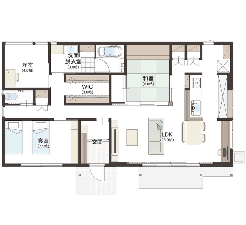 エコワークス 【ZEH住宅/30坪/平屋/間取り図あり】築40年の旧家から住み替えで、終の棲家に相応しい安らぎと快適を追求の間取り図（3LDK）1階