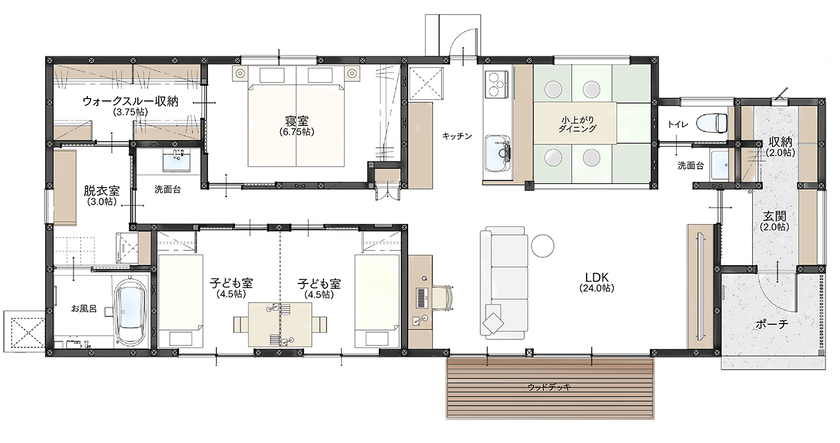 エコワークス 【ZEH住宅/30.1坪/平屋/間取り図あり】フレキシブルに使える畳ダイニングなど、暮らしのアイデアが満載の家の間取り図（3LDK+畳コーナー）1階
