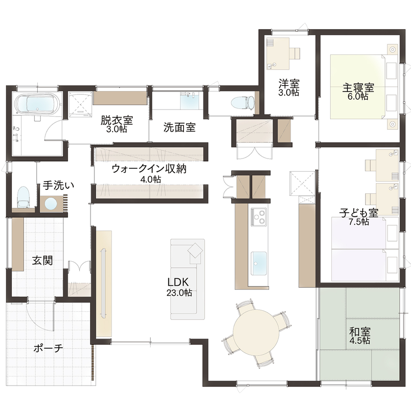 エコワークス 【木の家/平屋/36.9坪/間取図あり/ZEH】23畳のLDKを中心にのびのび暮らす空間設計。子供達の成長を見守る家の間取り図（4LDK）1階