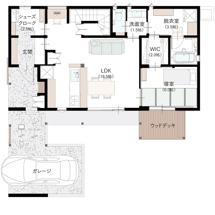 エコワークス 【ZEH住宅/39.5坪/2階建て/間取り図あり】夢のアトリエで描き、音楽室で楽器を奏でる、和カフェのような家の間取り図（2LDK+書斎兼アトリエ）1階