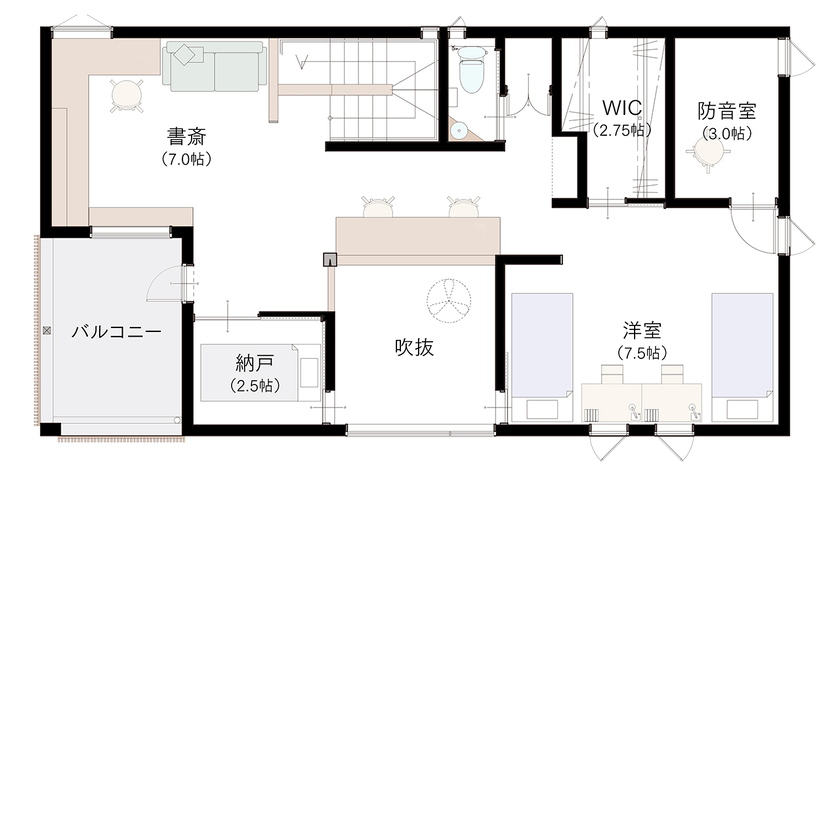 エコワークス 【ZEH住宅/39.5坪/2階建て/間取り図あり】夢のアトリエで描き、音楽室で楽器を奏でる、和カフェのような家の間取り図（2LDK+書斎兼アトリエ）2階