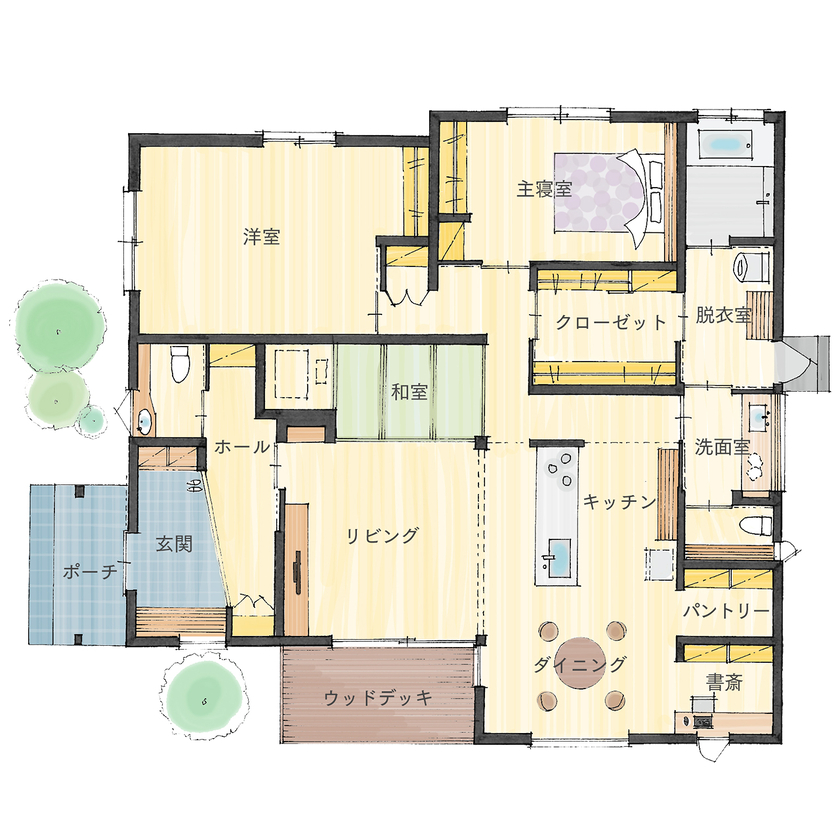エコワークス 【ZEH住宅/36.2坪/平屋/間取り図あり】オーク材×真鍮の憧れオーダーキッチン。木の家らしさ満載の平屋の間取り図（2LDK）1階