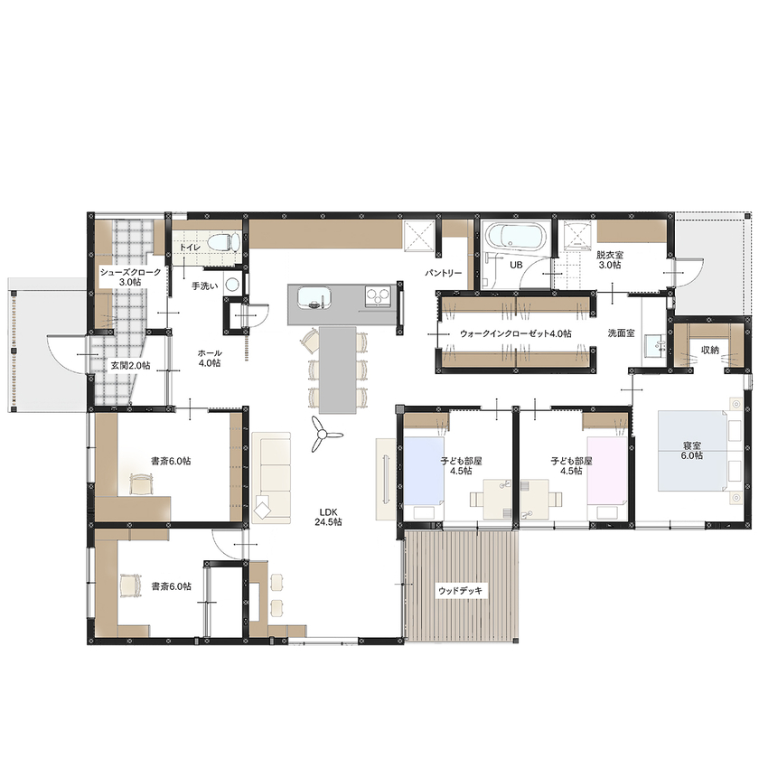 エコワークス 【ZEH住宅/42.3坪/平屋/間取り図あり】2つの書斎と上質なキッチンが魅力。モデルハウスのような5LDKプランの間取り図（5LDK＋WIC）1階