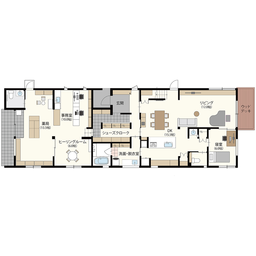 エコワークス 【店舗併用住宅/69.5坪/2階建て/間取り図あり】木の家と薬局がひとつに！お客様を包み込む癒しのZEH住宅の間取り図（店舗+4LDK）1階
