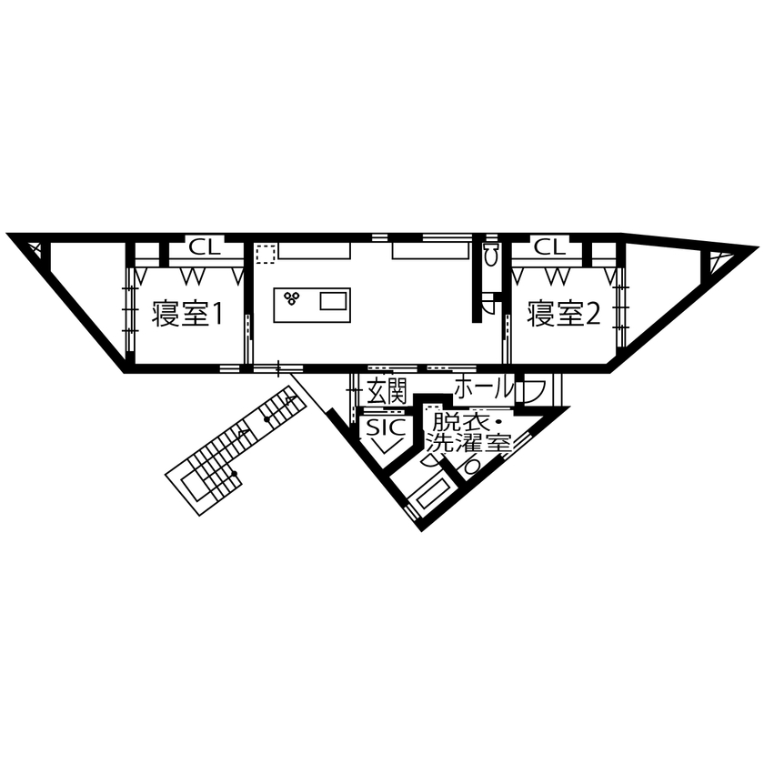 ブラザー不動産 【平屋｜2000万円台｜建築家デザイン｜傾斜地｜変形地｜間取り】あっぱれ！三角の不整形地に建てた三角の家の間取り図（2LDK）1階