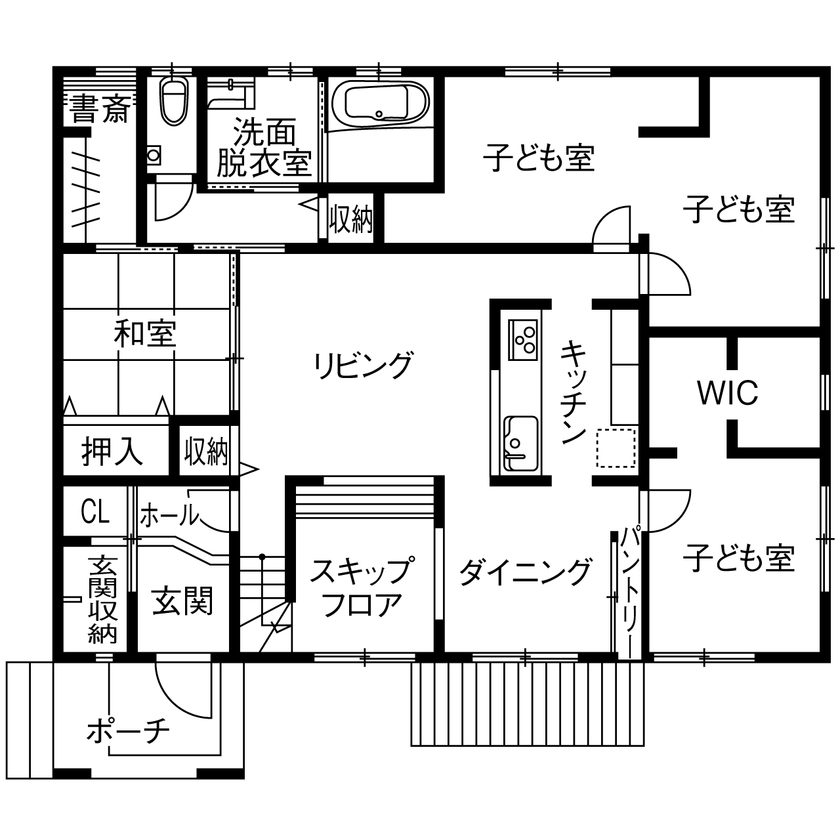 SEINO HOME（セイノーホーム） by 西濃建設 【岐阜/平屋/2000万円台/30坪台/間取り】リビングを中心に置き、スキップフロアで遊び心のある4LDKの平屋の間取り図（4LDK＋スキップフロア）1階