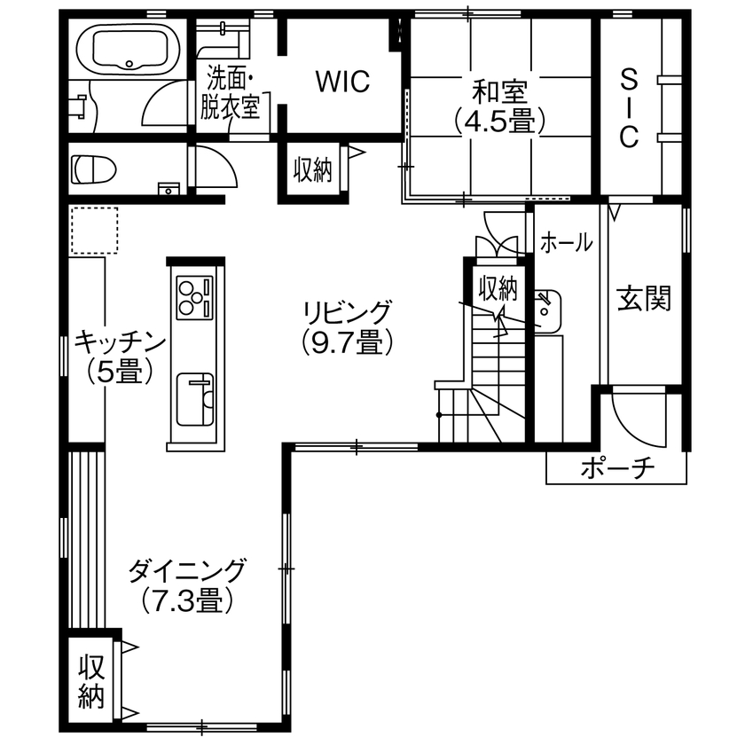 SEINO HOME（セイノーホーム） by 西濃建設 【岐阜｜L字型×2000万円台｜間取り】土地提案からお任せ！L字型の外観が格好いい、吹抜けリビングの家の間取り図（4LDK＋2WIC）1階