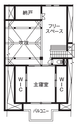 昭栄建設の注文住宅 【群馬県/3000万円台/建て替え/間取り図】薪ストーブと大屋根が印象的な空間を大胆に使う山小屋風の家の間取り図（3LDK）2階