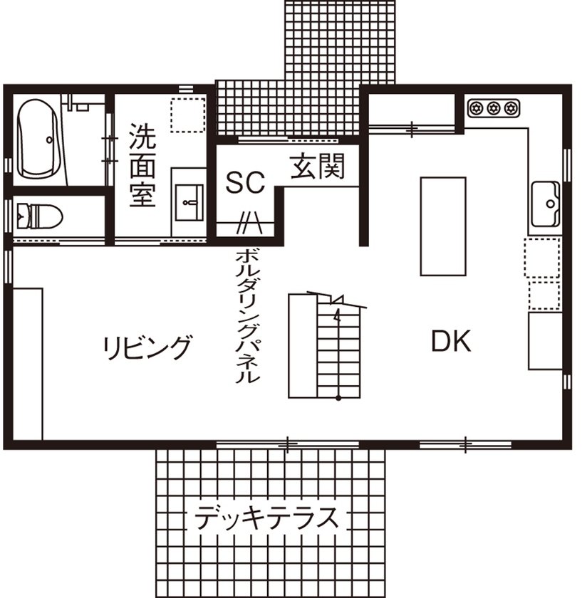 昭栄建設の注文住宅 【埼玉県/30坪台/ボルダリング/間取り図】家時間を楽しむアイデア満載な空間に自然と顔があい会話が弾む家の間取り図（3LDK）1階