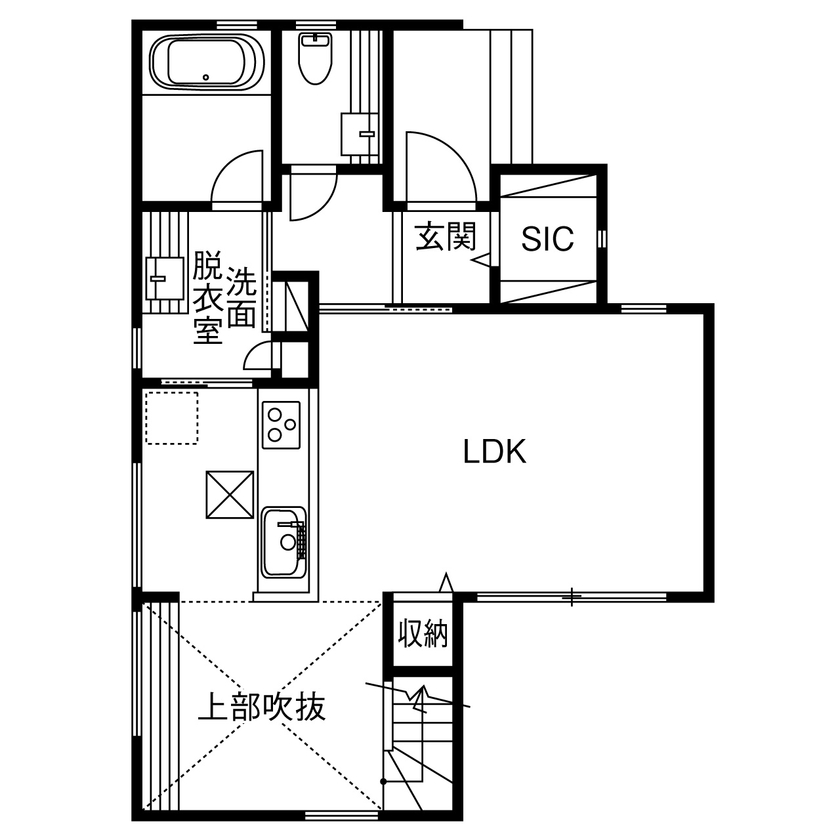 【相模原・八王子・日野】ハタノ木材 【2000万円台／吹抜／家事動線／収納充実／間取図有】ウッドデッキ&ホームシアターで家族を楽しむ!の間取り図（2LDK）1階