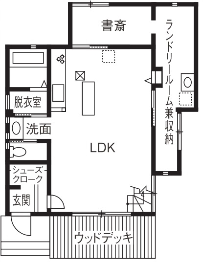 参建 <間取り図有>大開口窓やウッドデッキで広々LDK。価格・デザイン・性能を備えたシンプルナチュラルなZEH住宅の間取り図（3LDK）1階