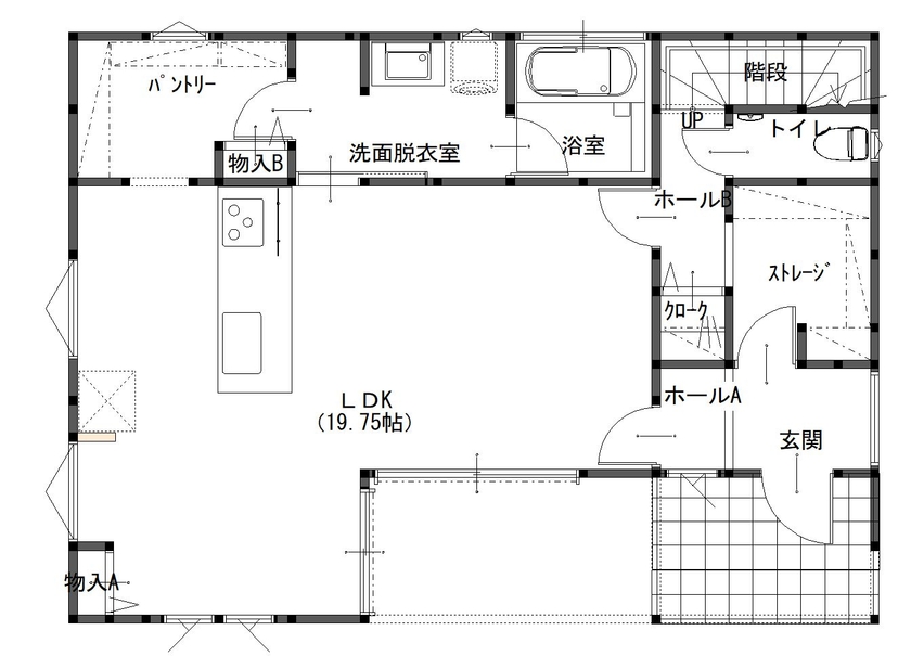 「ゆとりある木の家」　マヤ建設 【2,300万円/間取有/36坪/ガルバニウム外壁】機能的な横並びキッチン。無垢の床材の質感を活かした木の家。の間取り図（3LDK）1階