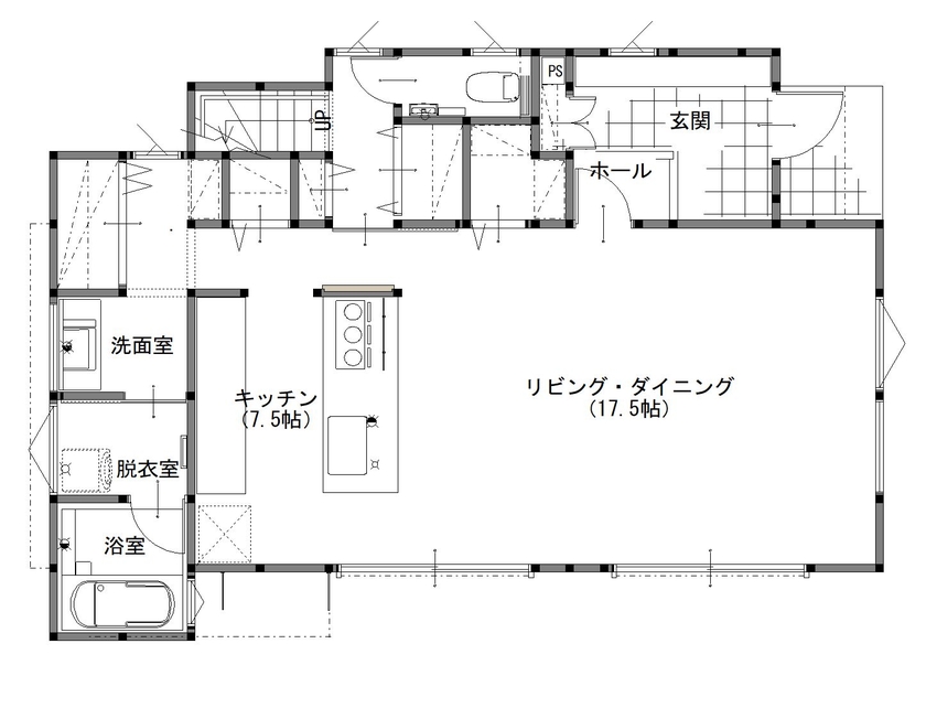 「ゆとりある木の家」　マヤ建設 【2000万円台/間取有/ペットと暮らす/延床41坪】住宅のプロも納得の家づくり。天然木に包まれる癒しの邸宅の間取り図（3LDK+フリースペース）1階