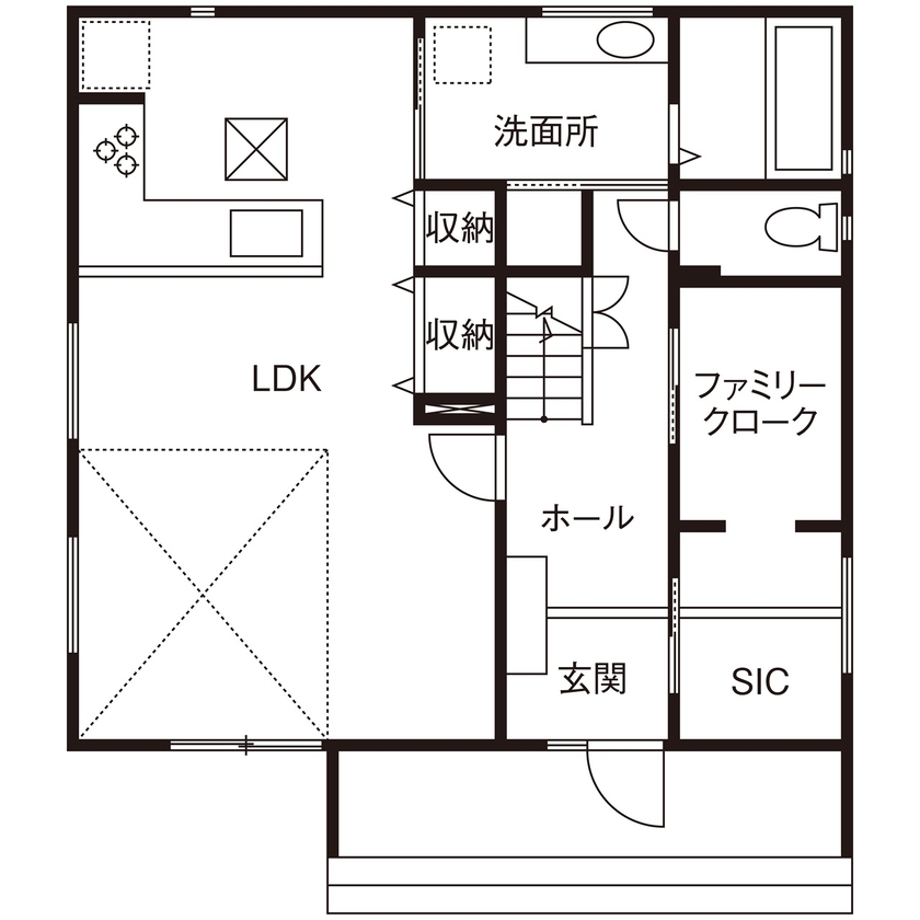 Lien建築設計(旧サロンナビ) 【2000万円台/間取り図有】回遊動線で日々の生活がもっとスムーズに。開放的な吹抜けリビングの住まいの間取り図（3LDK）1階
