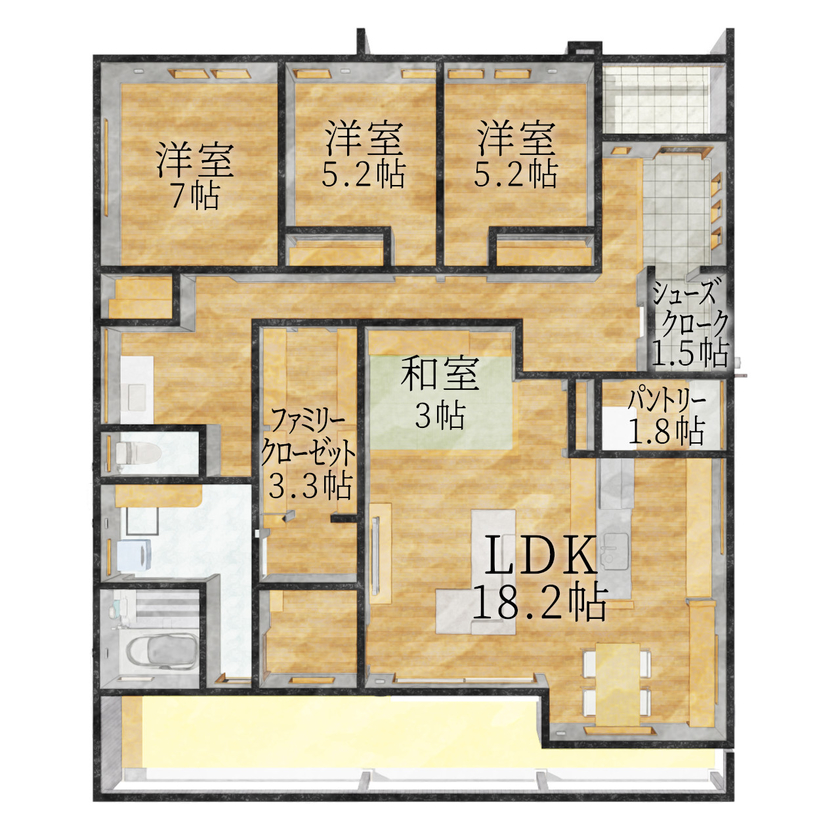 東海住宅　エンジョイホーム 平屋36坪｜収納充実｜使いやすさを重視した家事動線や回遊動線｜広々ウッドデッキやヌックなどこだわり満載の間取り図null平屋