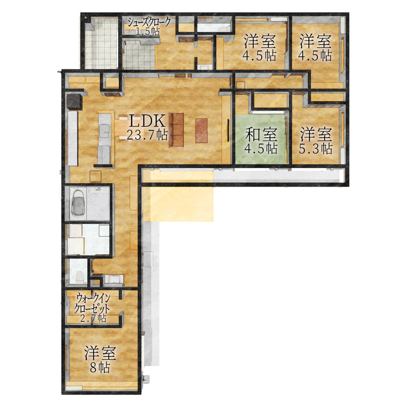 東海住宅　エンジョイホーム 平屋39坪｜豊富に無垢材使用｜リビング中心設計｜癒しとやさしい時間が流れるお家の間取り図null平屋