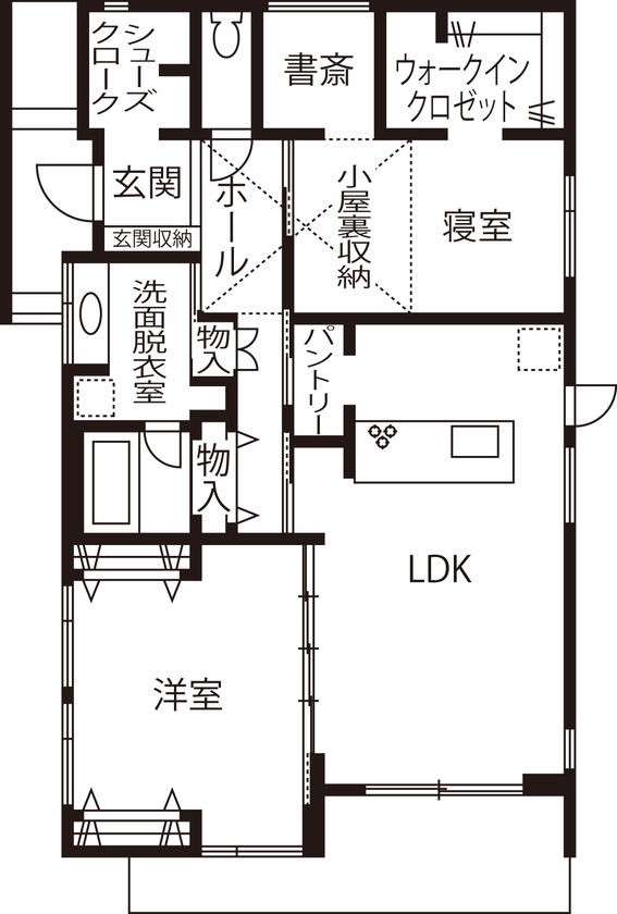 藍の家 【2400万円台/34.1坪/間取図あり】木の温もりに癒される平屋。子育てしながら家事がしやすい動線が魅力の間取り図（3LDK+書斎）1階