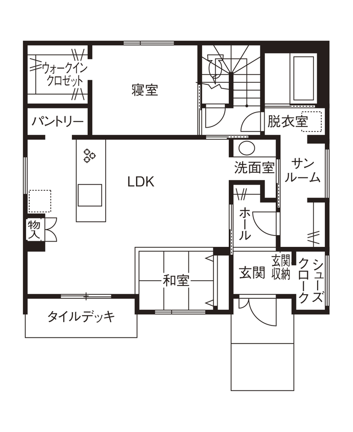 藍の家 【2300万円台/34.4坪/間取図あり】1階で生活が完結できる回遊動線が特徴のナチュラルモダンな暮らしの間取り図（4LDK）1階