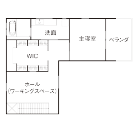 田原建設 【本体価格2260万円　長期優良住宅】アカシアの無垢床に木の梁、白壁が映えるＬ字の家。大容量の収納もの間取り図（1LDK）2階