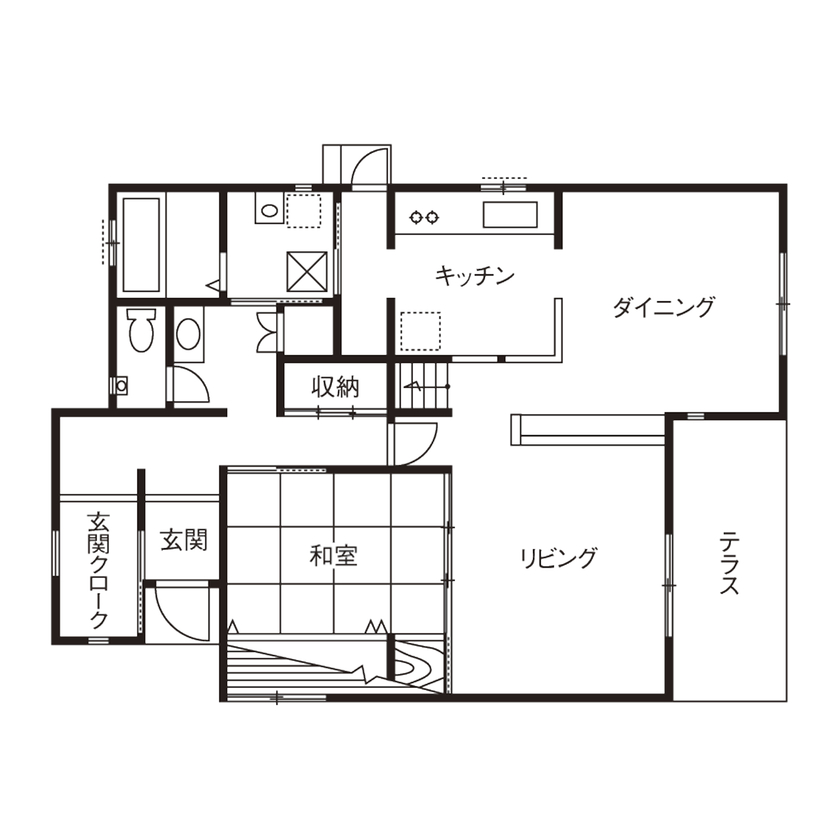 田原建設 【2175万円】５人家族がいい距離感で暮らす伸びやかな家。アウトドアリビング感覚のテラスも快適の間取り図（5LDK）１階