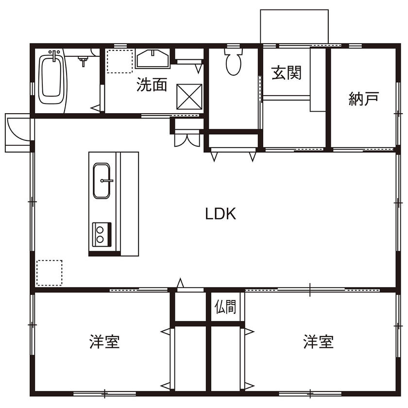 田原建設 【平屋/１000万円台/長期優良住宅】料理、家呑み、くつろぎの時間…。暮らしを満喫する大空間の平屋の間取り図（2LDK）１階