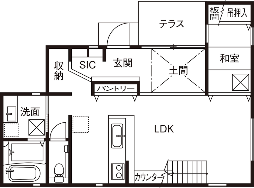 田原建設 【2000万円台/京都/土間/長期優良住宅】自分たちらしい暮らし。リビングと庭をつなぐ土間スタイルの家の間取り図（3LDK）１階