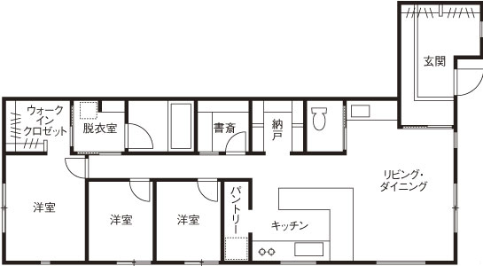 田原建設 【1762万円／京都／長期優良住宅】夢を全部詰め込んだアメリカンスタイルの平屋。ドッグランで愛犬も笑顔にの間取り図（3LDK＋書斎）1階