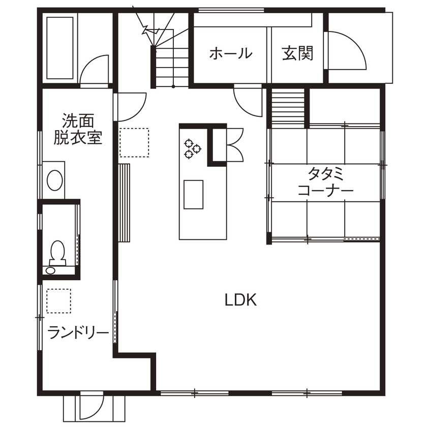矢橋林業　矢橋の家  【2000万円台/4LDK/平屋風/注文住宅/間取り図】家事ラクな家。廊下やドアを減らしてコストダウンに成功！ の間取り図（4LDK）１階