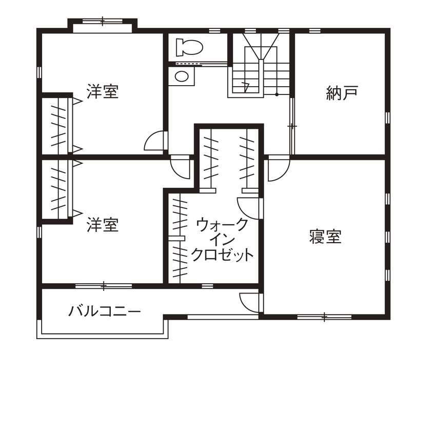 矢橋林業　矢橋の家 【3000万円台/4LDK/50坪台/間取り図】木と石と土のクラシカルな佇まい。家事ラクも叶えた洋風モダンな家の間取り図（4LDK＋２納戸）２階