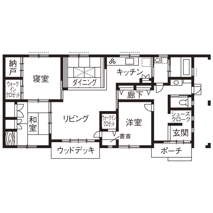 矢橋林業　矢橋の家 【2000万円台/平屋/和モダン/間取り図】掘りごたつのダイニングでほっこり。60代夫妻の「これからの家」の間取り図（3LDK）1階