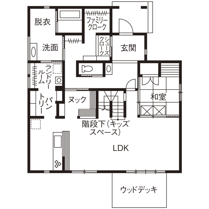 矢橋林業　矢橋の家 【岐阜県｜間取り有】テーマは「子どもが楽しく過ごせる家」。桜が見えるウッドデッキではBBQ三昧！の間取り図（4LLDK）１階